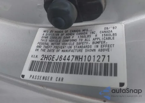 1998 Honda Civic Dx из США, поврежденный, VIN 2HGEJ6447WH101271